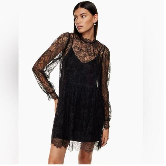 NWT Aritzia Wilfred Vienna Dress Black Relaxed Mini Lace Size Large - Picture 1 of 5
